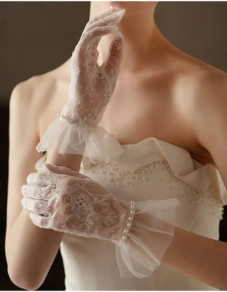 Hannah | Wrist Length Lace Gloves with Pearls - Image 10