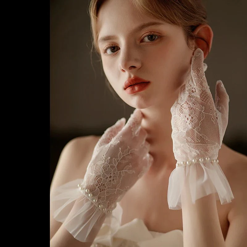 Hannah | Wrist Length Lace Gloves with Pearls - Image 4