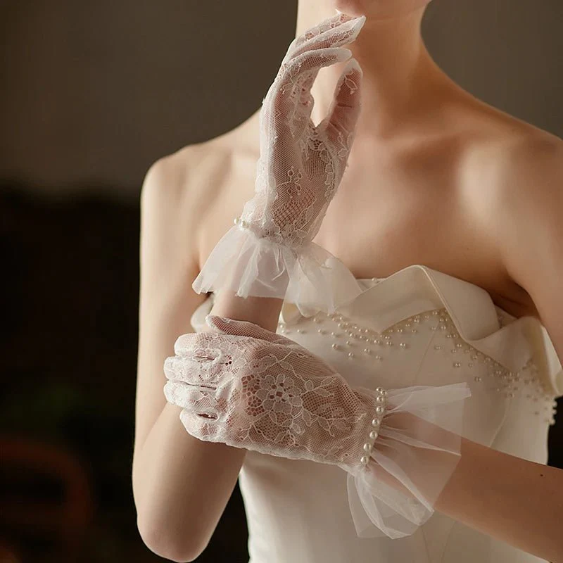 Hannah | Wrist Length Lace Gloves with Pearls - Image 5