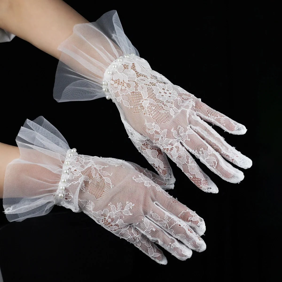 Hannah | Wrist Length Lace Gloves with Pearls - Image 6