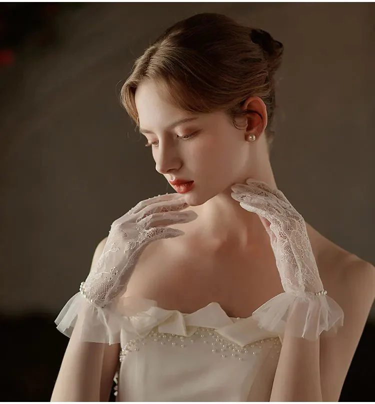 Hannah | Wrist Length Lace Gloves with Pearls - Image 7