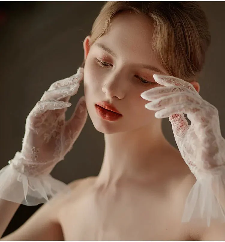 Hannah | Wrist Length Lace Gloves with Pearls - Image 8