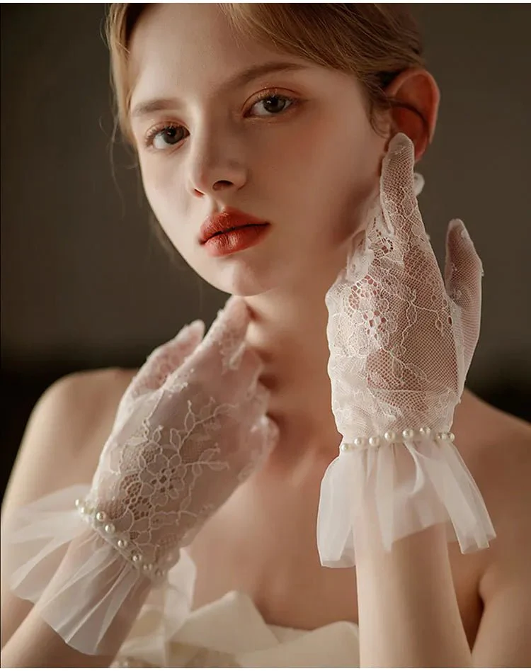 Hannah | Wrist Length Lace Gloves with Pearls - Image 9