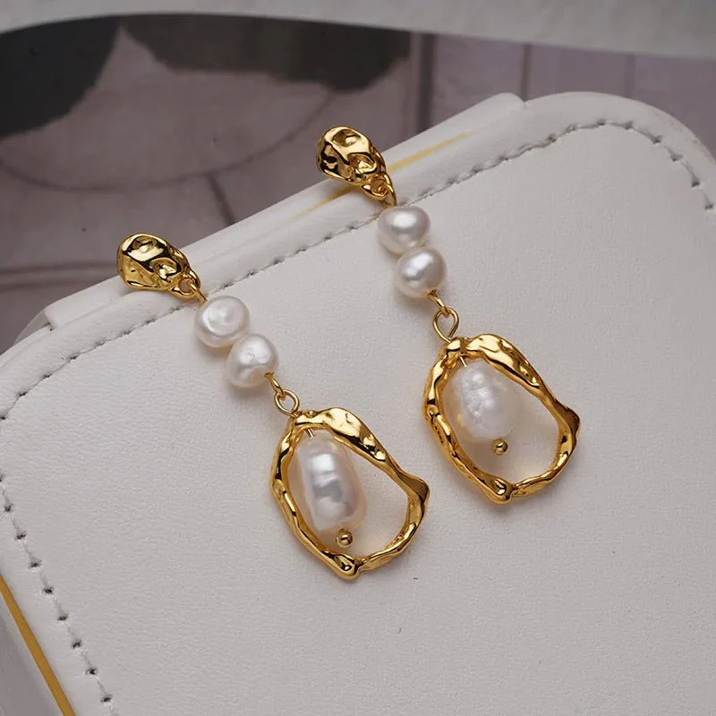 Hazel | Pearl Geometric Drop Stud Earrings - Image 3