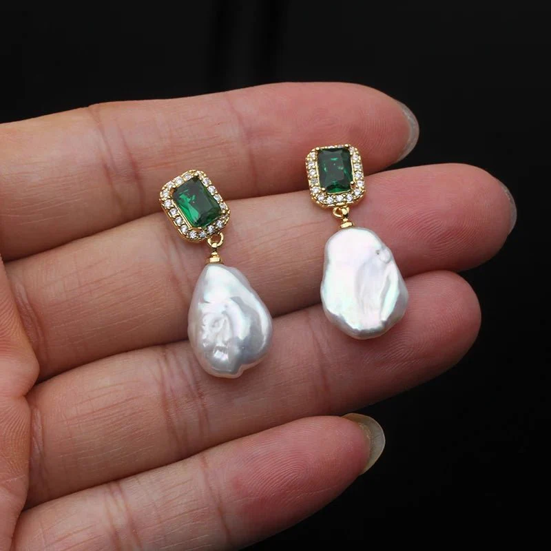 Riley |  Emerald and Pearl Drop Stud Earrings - Image 3
