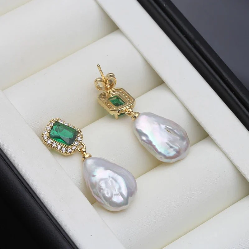 Riley |  Emerald and Pearl Drop Stud Earrings - Image 5