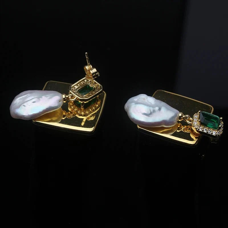 Riley |  Emerald and Pearl Drop Stud Earrings - Image 6